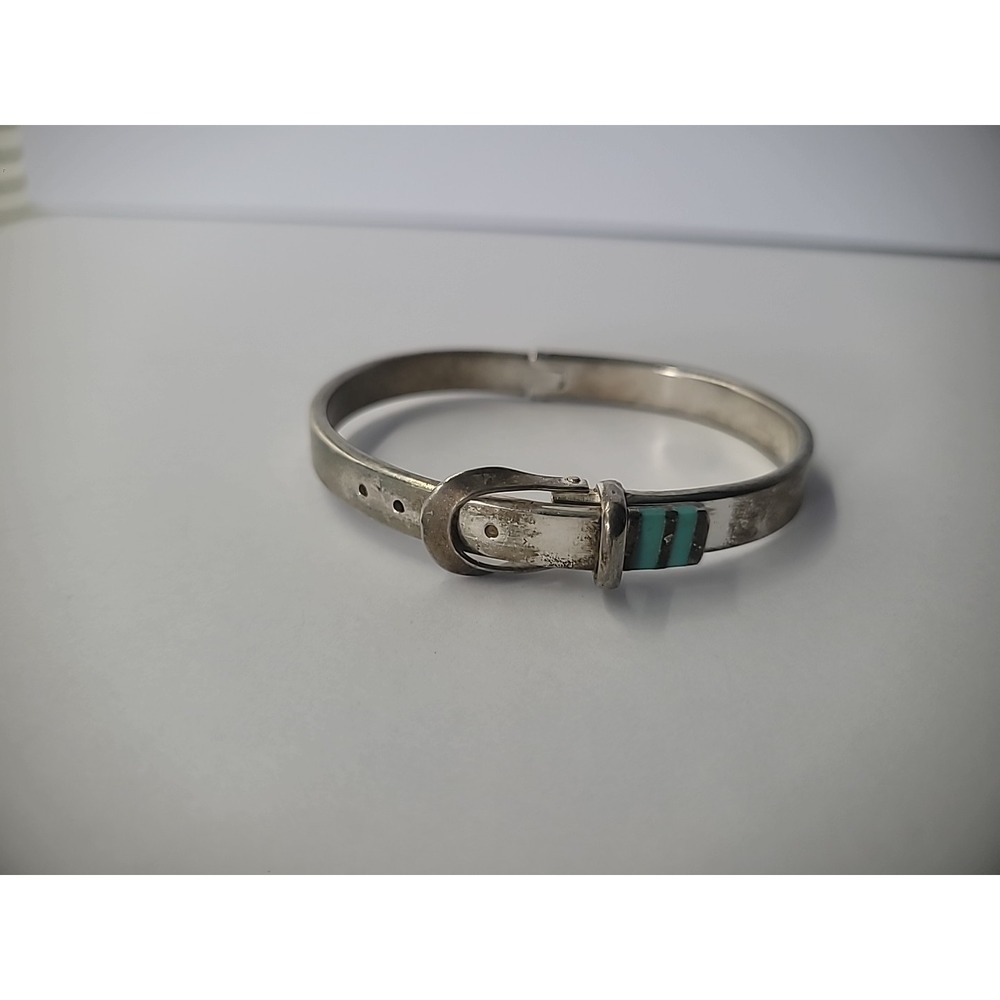Vintage Bracelet Buckle Clasp Mexico Bangle Hinged Blue Inlay Jewelry Costume